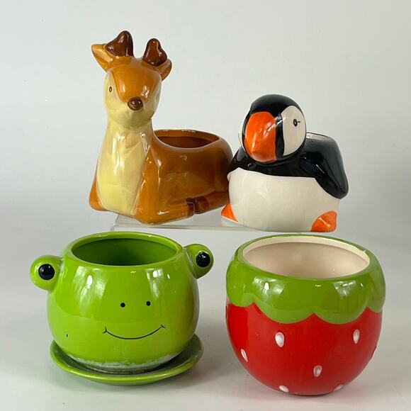 4 Figural Small Planters Deer Puffin Bird Frog Strawberry Desk Mini Collection - Picture 1 of 16